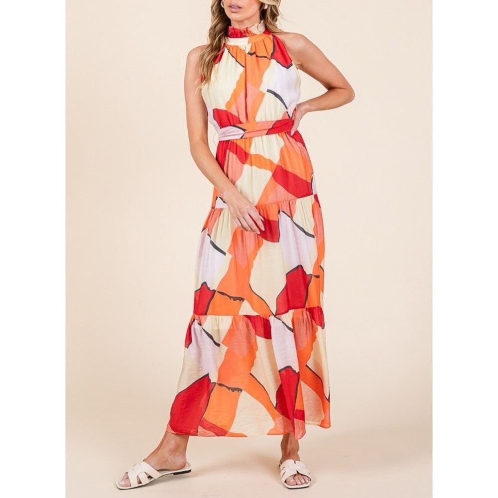 D151.‎ Abstract Geometric Halter Maxi Dress